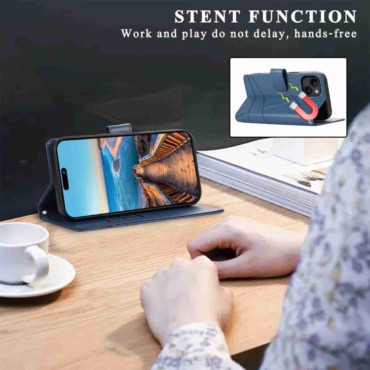For iPhone 14 PU Genuine Leather Texture Embossed Line Phone Case in black with card slots and wrist strap, showcasing its stylish design and functionality.